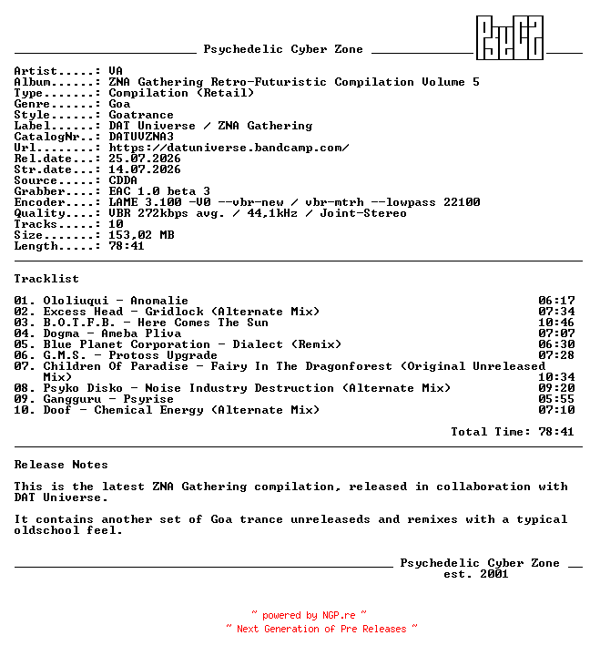 NFO for the release VA_-_ZNA_Gathering_Retro-Futuristic_Compilation_Volume_5-2026-PsyCZ by PsyCZ