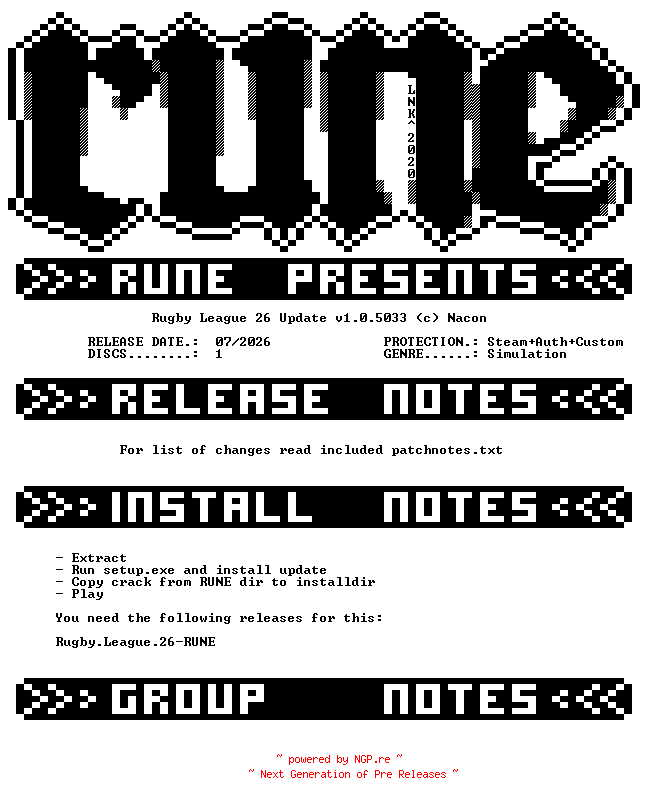 NFO for the release Rugby.League.26.Update.v1.0.5033-RUNE by RUNE