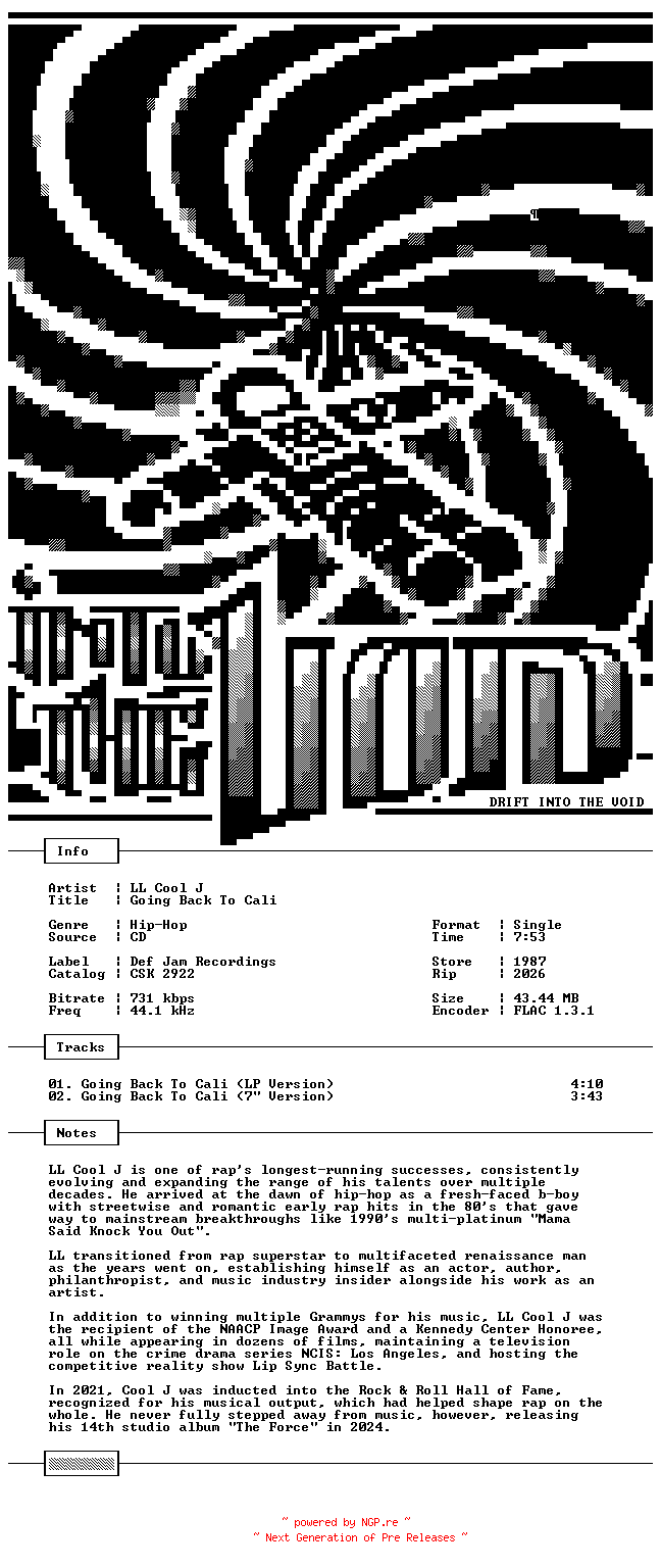 NFO for the release LL_Cool_J-Going_Back_To_Cali-Promo-CDS-FLAC-1987-THEVOiD by THEVOiD