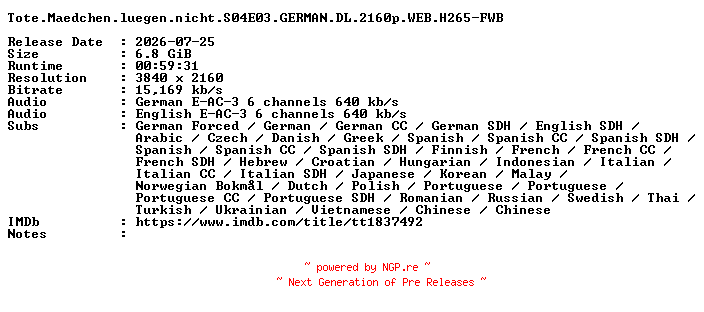 NFO for the release Tote.Maedchen.luegen.nicht.S04E03.GERMAN.DL.2160p.WEB.H265-FWB by FWB