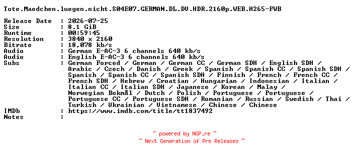 NFO for the release Tote.Maedchen.luegen.nicht.S04E07.GERMAN.DL.DV.HDR.2160p.WEB.H265-FWB by FWB