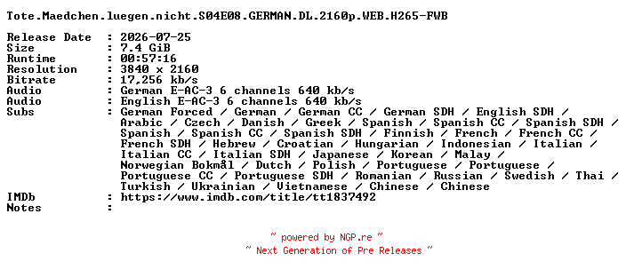 NFO for the release Tote.Maedchen.luegen.nicht.S04E08.GERMAN.DL.2160p.WEB.H265-FWB by FWB