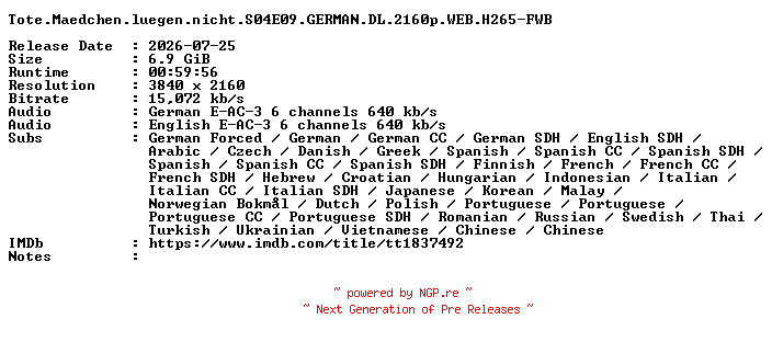 NFO for the release Tote.Maedchen.luegen.nicht.S04E09.GERMAN.DL.2160p.WEB.H265-FWB by FWB