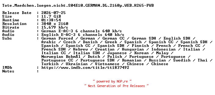 NFO for the release Tote.Maedchen.luegen.nicht.S04E10.GERMAN.DL.2160p.WEB.H265-FWB by FWB