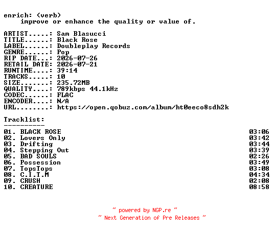 NFO for the release Sam_Blasucci-Black_Rose-16BIT-WEB-FLAC-2026-ENRiCH by ENRiCH