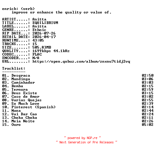 NFO for the release Anitta-EQUILIBRIVM-BR-24BIT-WEB-FLAC-2026-ENRiCH by ENRiCH
