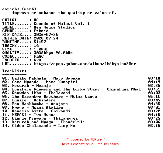 NFO for the release VA-Sounds_of_Malawi_Vol._1-24BIT-WEB-FLAC-2026-ENRiCH by ENRiCH