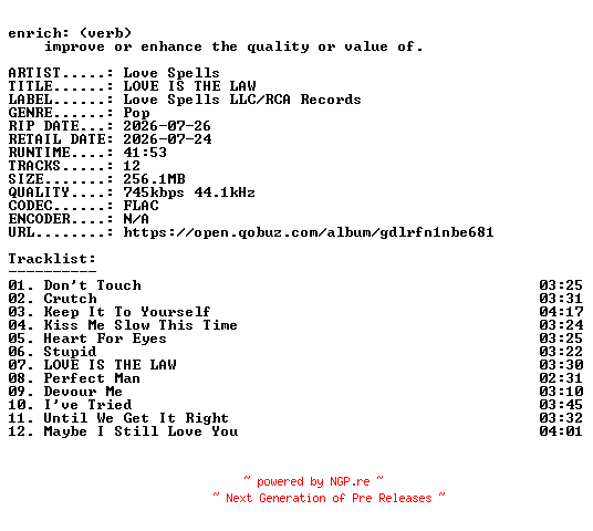 NFO for the release Love_Spells-LOVE_IS_THE_LAW-16BIT-WEB-FLAC-2026-ENRiCH by ENRiCH