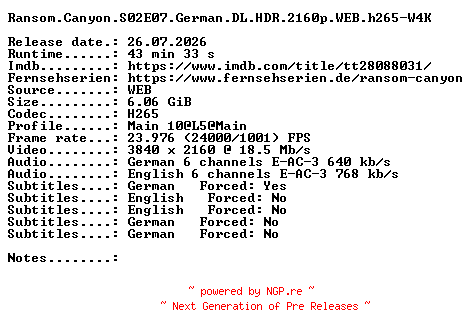NFO for the release Ransom.Canyon.S02E07.German.DL.HDR.2160p.WEB.h265-W4K by W4K