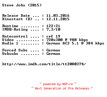 NFO for the release Steve.Jobs.German.2015.AC3.BDRiP.x264-EXQUiSiTE by EXQUiSiTE
