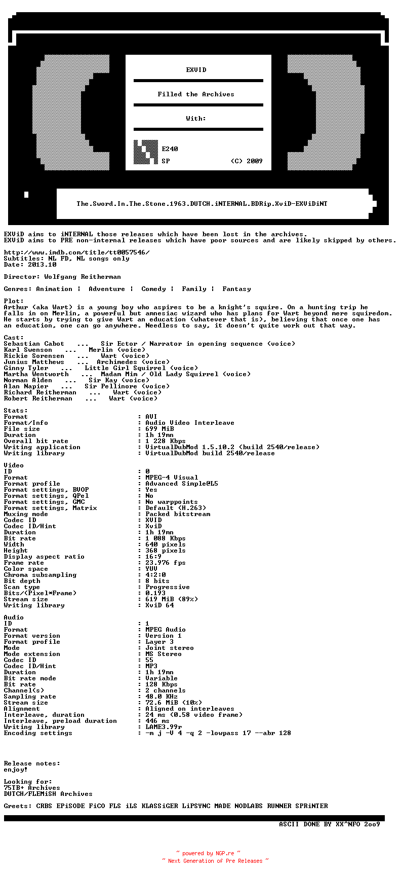 NFO for the release The.Sword.In.The.Stone.1963.DUTCH.iNTERNAL.BDRip.XviD-EXViDiNT by EXViDiNT