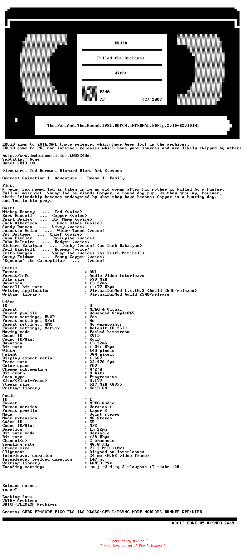 NFO for the release The.Fox.And.The.Hound.1981.DUTCH.iNTERNAL.BDRip.XviD-EXViDiNT by EXViDiNT