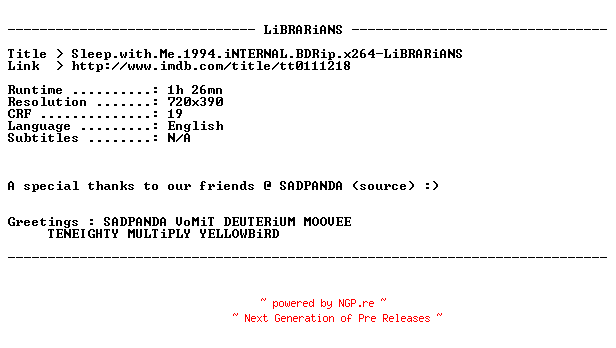 NFO for the release Sleep.with.Me.1994.iNTERNAL.BDRip.x264-LiBRARiANS by LiBRARiANS