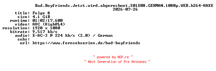 NFO for the release Bad.Boyfriends.Jetzt.wird.abgerechnet.S01E08.GERMAN.1080p.WEB.h264-HAXE by HAXE