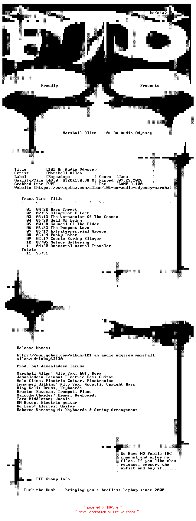 NFO for the release Marshall_Allen-101_An_Audio_Odyssey-WEB-2026-FTD by FTD