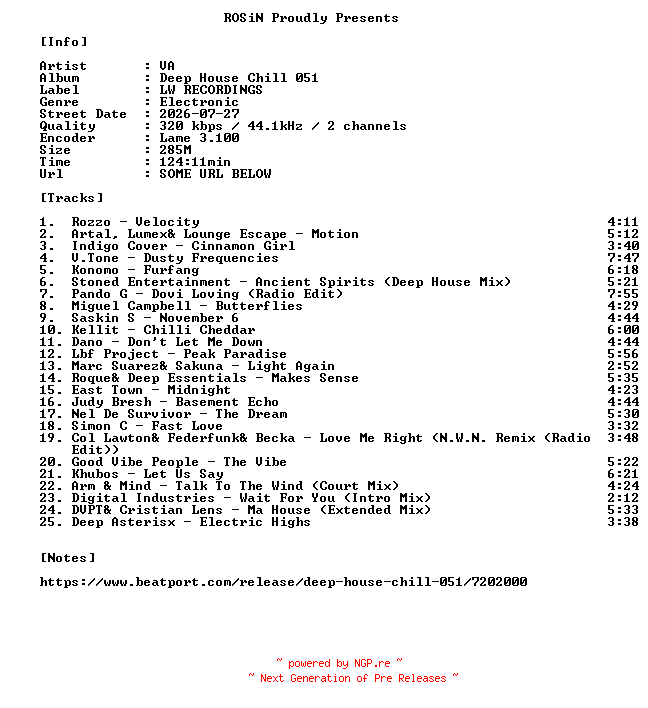 NFO for the release VA-Deep_House_Chill_051-WEB-2026-ROSiN by ROSiN