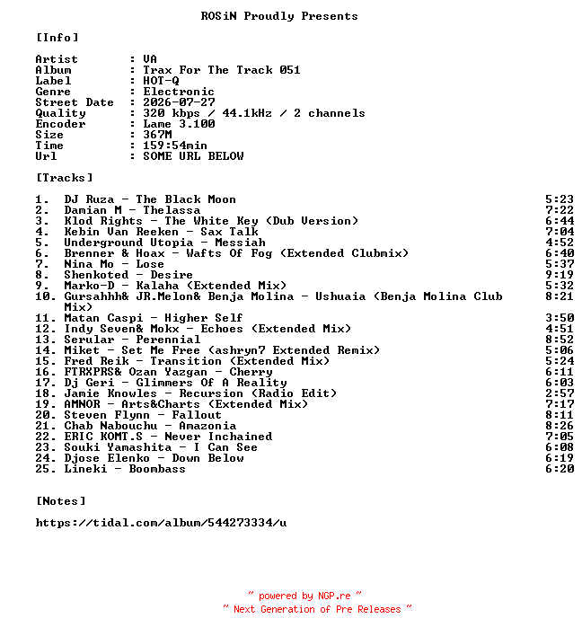 NFO for the release VA-Trax_For_The_Track_051-WEB-2026-ROSiN by ROSiN