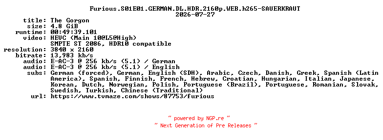 NFO for the release Furious.S01E01.GERMAN.DL.HDR.2160p.WEB.h265-SAUERKRAUT by SAUERKRAUT