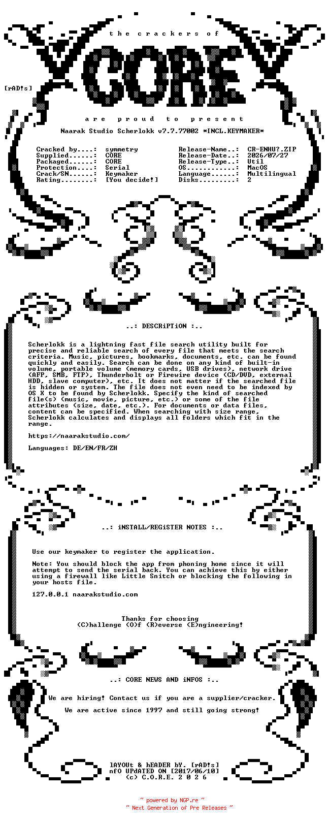 NFO for the release Naarak.Studio.Scherlokk.v7.7.77002.MacOS.UB.Multilingual.Incl.Keymaker-CORE by CORE