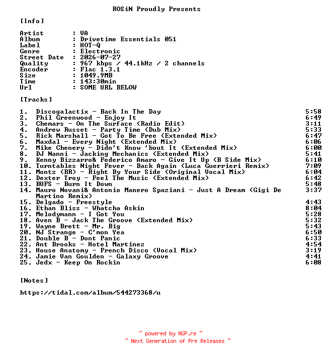 NFO for the release VA-Drivetime_Essentials_051-16BIT-WEB-FLAC-2026-ROSiN by ROSiN