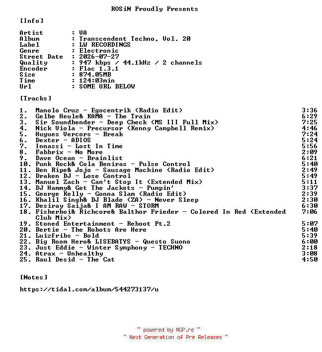 NFO for the release VA-Transcendent_Techno_Vol._20-16BIT-WEB-FLAC-2026-ROSiN by ROSiN