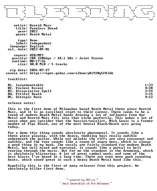 NFO for the release Horrid_Mass-Formless_Dread-Demo-WEB-2023-BLEEDiNG by BLEEDiNG