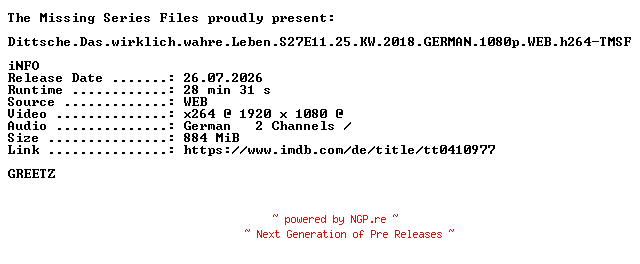 NFO for the release Dittsche.Das.wirklich.wahre.Leben.S27E11.25.KW.2018.GERMAN.1080p.WEB.h264-TMSF by TMSF
