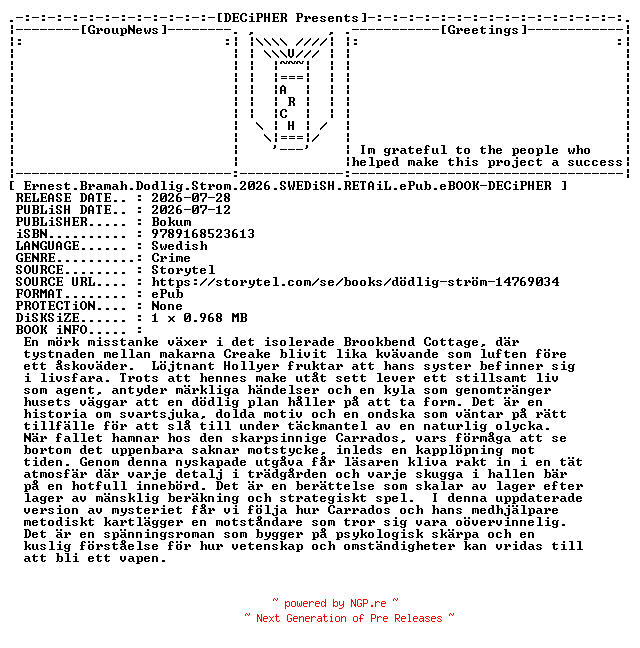 NFO for the release Ernest.Bramah.Dodlig.Strom.2026.SWEDiSH.RETAiL.ePub.eBOOK-DECiPHER by DECiPHER
