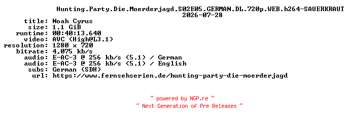 NFO for the release Hunting.Party.Die.Moerderjagd.S02E05.GERMAN.DL.720p.WEB.h264-SAUERKRAUT by SAUERKRAUT
