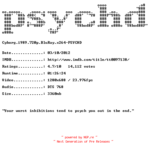 NFO for the release Cyborg.1989.720p.BluRay.x264-PSYCHD by PSYCHD