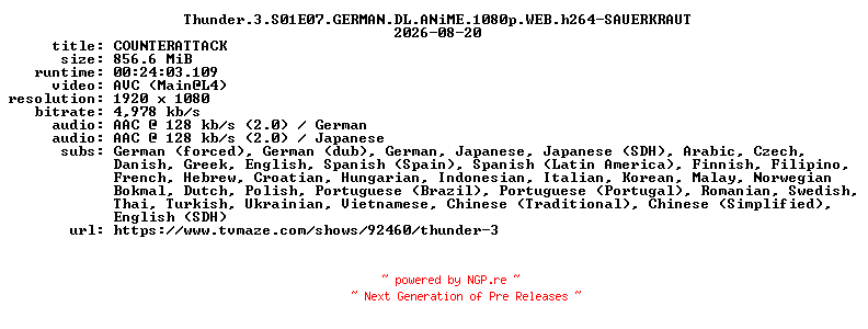 NFO for the release Thunder.3.S01E07.GERMAN.DL.ANiME.1080p.WEB.h264-SAUERKRAUT by SAUERKRAUT