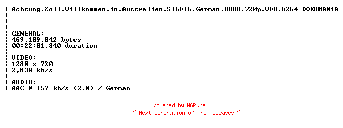 NFO for the release Achtung.Zoll.Willkommen.in.Australien.S16E16.German.DOKU.720p.WEB.h264-DOKUMANiA by DOKUMANiA