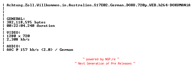 NFO for the release Achtung.Zoll.Willkommen.in.Australien.S17E02.German.DOKU.720p.WEB.h264-DOKUMANiA by DOKUMANiA