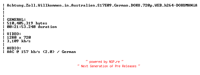 NFO for the release Achtung.Zoll.Willkommen.in.Australien.S17E09.German.DOKU.720p.WEB.h264-DOKUMANiA by DOKUMANiA