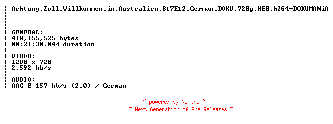 NFO for the release Achtung.Zoll.Willkommen.in.Australien.S17E12.German.DOKU.720p.WEB.h264-DOKUMANiA by DOKUMANiA
