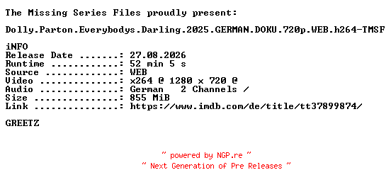 NFO for the release Dolly.Parton.Everybodys.Darling.2025.GERMAN.DOKU.720p.WEB.h264-TMSF by TMSF