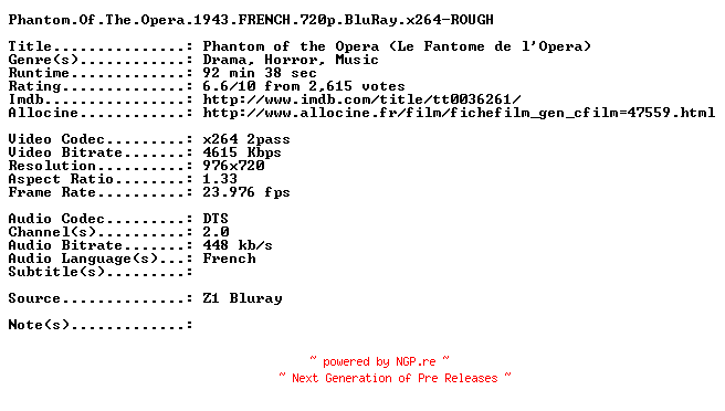 NFO for the release Phantom.Of.The.Opera.1943.FRENCH.720p.BluRay.x264-ROUGH by ROUGH
