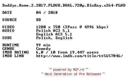 NFO for the release Daddys.Home.2.2017.PLDUB.DUAL.720p.BluRay.x264-PLHD by PLHD