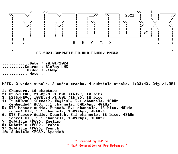 NFO for the release 65.2023.COMPLETE.FR.UHD.BLURAY-MMCLX by MMCLX