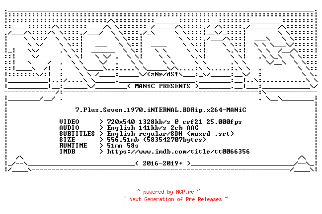 NFO for the release 7.Plus.Seven.1970.iNTERNAL.BDRip.x264-MANiC by MANiC