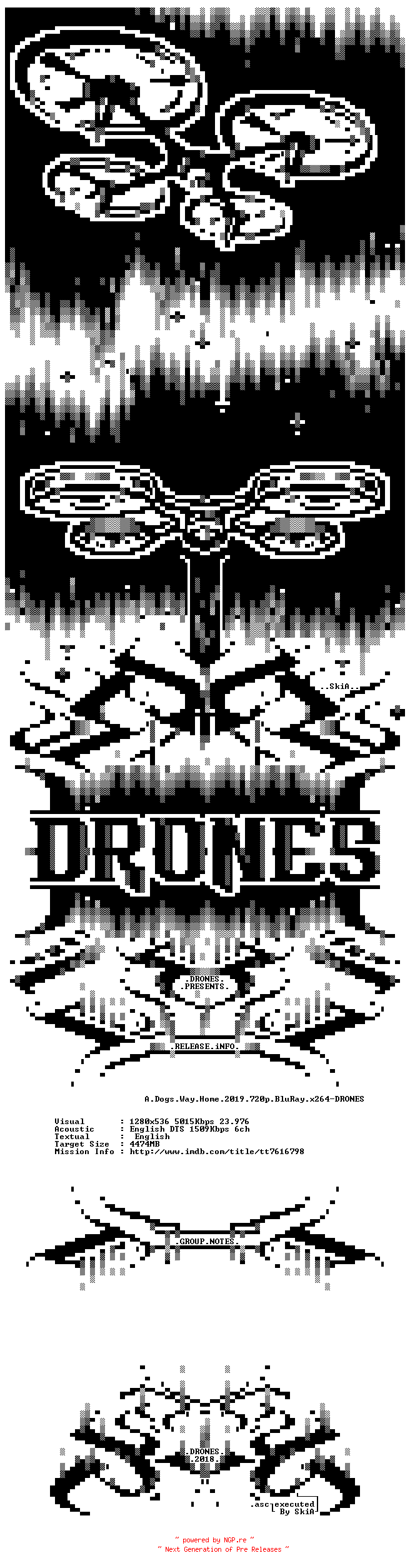 NFO for the release A.Dogs.Way.Home.2019.720p.BluRay.x264-DRONES by DRONES