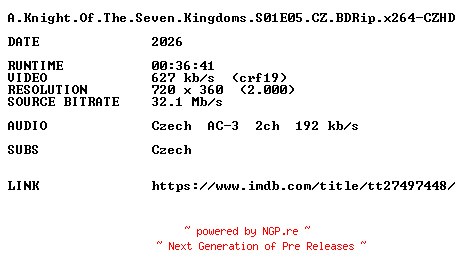 NFO for the release A.Knight.Of.The.Seven.Kingdoms.S01E05.CZ.BDRip.x264-CZHD by CZHD