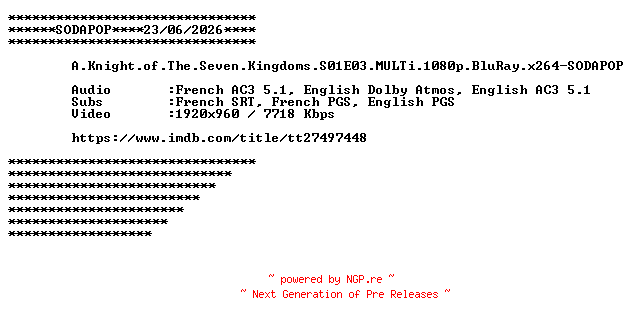 NFO for the release A.Knight.of.The.Seven.Kingdoms.S01E03.MULTi.1080p.BluRay.x264-SODAPOP by SODAPOP