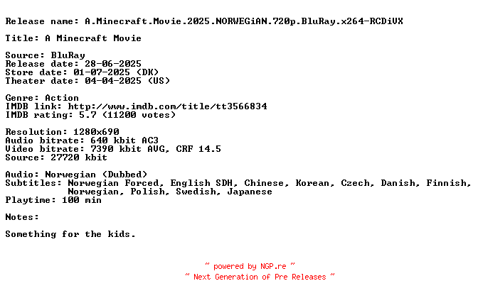 NFO for the release A.Minecraft.Movie.2025.NORWEGiAN.720p.BluRay.x264-RCDiVX by RCDiVX