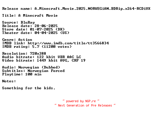 NFO for the release A.Minecraft.Movie.2025.NORWEGiAN.BDRip.x264-RCDiVX by RCDiVX