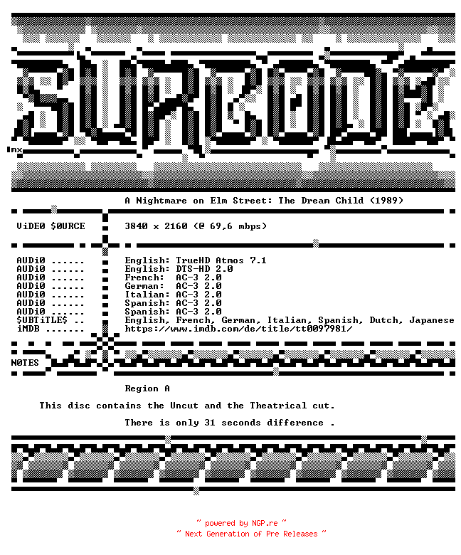 NFO for the release A.Nightmare.On.Elm.Street.5.The.Dream.Child.1989.COMPLETE.UHD.BLURAY-SURCODE by SURCODE