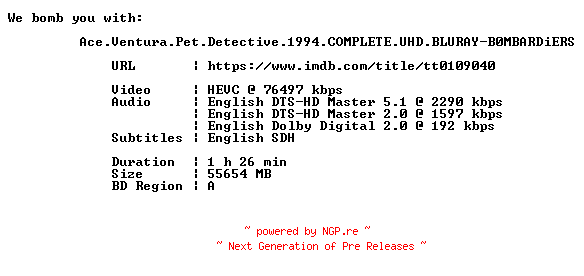 NFO for the release Ace.Ventura.Pet.Detective.1994.COMPLETE.UHD.BLURAY-B0MBARDiERS by B0MBARDiERS