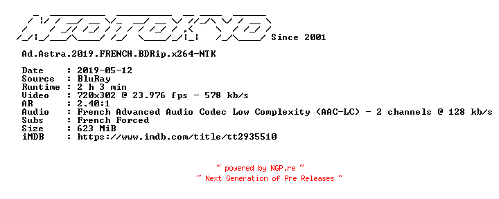 NFO for the release Ad.Astra.2019.FRENCH.BDRip.x264-NTK by NTK