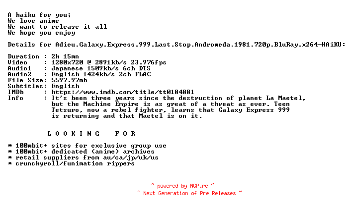 NFO for the release Adieu.Galaxy.Express.999.Last.Stop.Andromeda.1981.720p.BluRay.x264-HAiKU by HAiKU