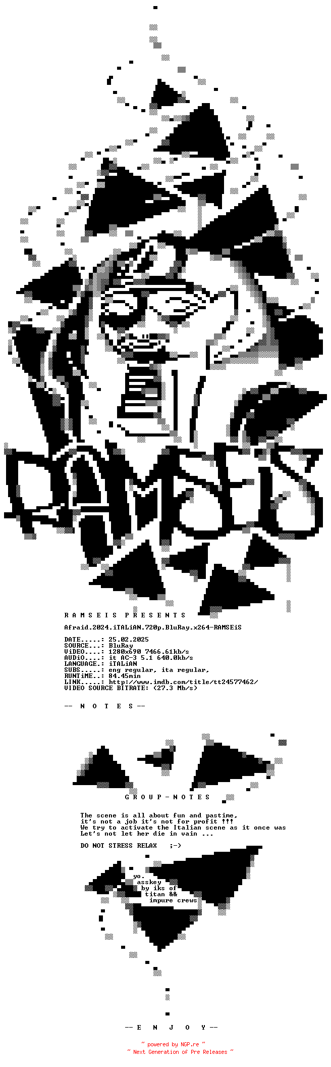 NFO for the release Afraid.2024.iTALiAN.720p.BluRay.x264-RAMSEiS by RAMSEiS